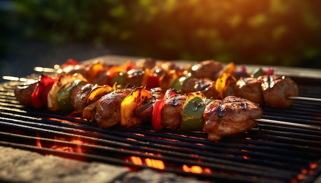 Bistec cocinando al fuego con verduras a la parrilla con llamas cocinando jugosa deliciosa carne de res