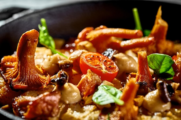 Bistec de coliflor con tomates rebozuelos y salsa en un plato Comida vegetariana