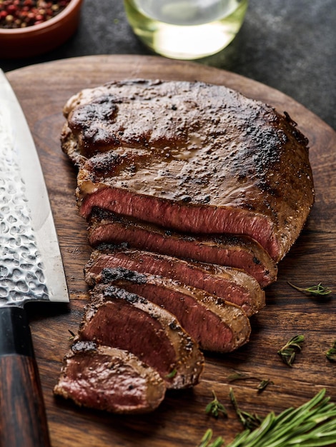 Bistec de corazón de ternera a la parrilla con pimienta en una tabla de madera