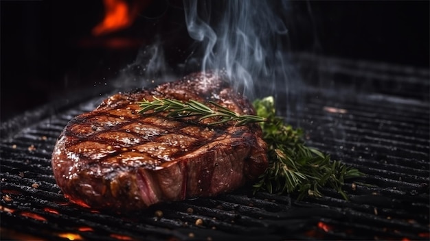 bistec de costilla cocinado en un fuego caliente con fondo oscuro