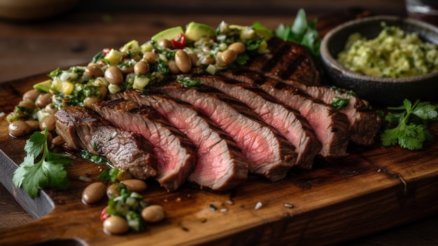 Un bistec y ensalada en una tabla de madera