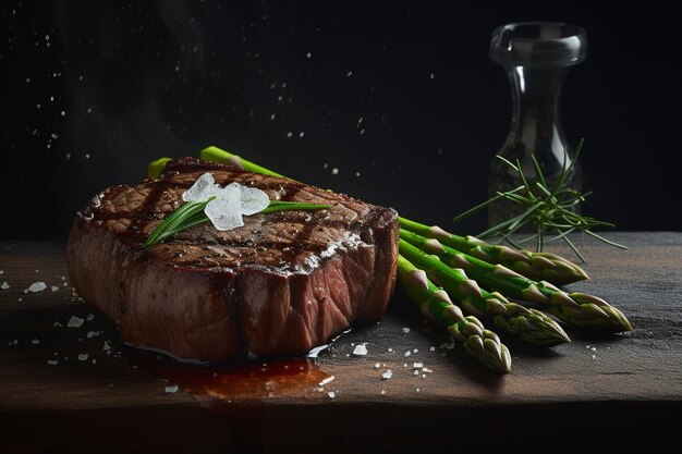 Un bistec con espárragos y un vaso de agua