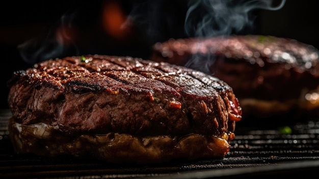 Un bistec se está cocinando en una parrilla y sale humo.