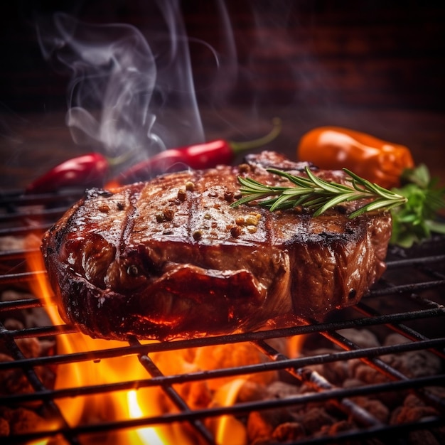 Un bistec se está cocinando en una parrilla y sale humo.