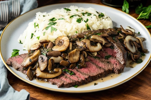 Bistec de falda salteado con champiñones y cebollas