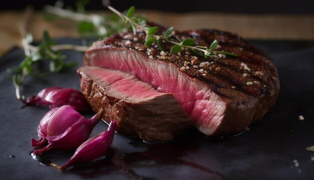 bistec de filete a la parrilla en un plato de madera jugoso y tierno generado por la IA