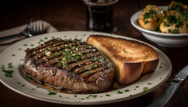 bistec de filete a la parrilla en un plato de madera rústico generado por la IA