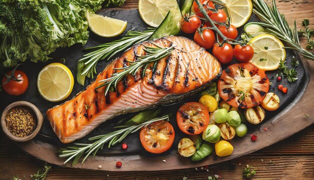 bistec de filete de salmón a la parrilla con verduras a la grilla comida saludable alta en proteínas y omega