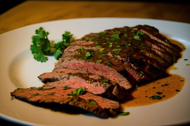 Bistec de flanco marinado en salsa picante y asado a la perfección