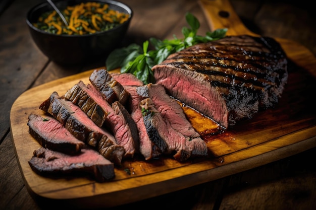 Bistec de flanco rebanado y asado con carbón ahumado de la parrilla