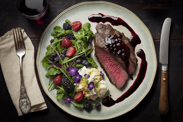 Bistec de flanco con salsa de moras patatas al horno y ensalada en el plato