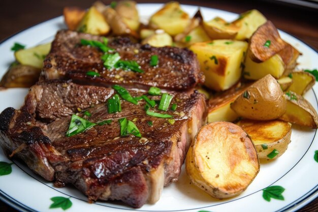 Bistec grande y jugoso con papas doradas y cebollas verdes