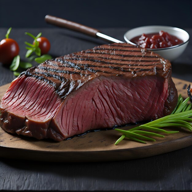 Un bistec grande con marcas de parrilla se sienta sobre una mesa de madera.