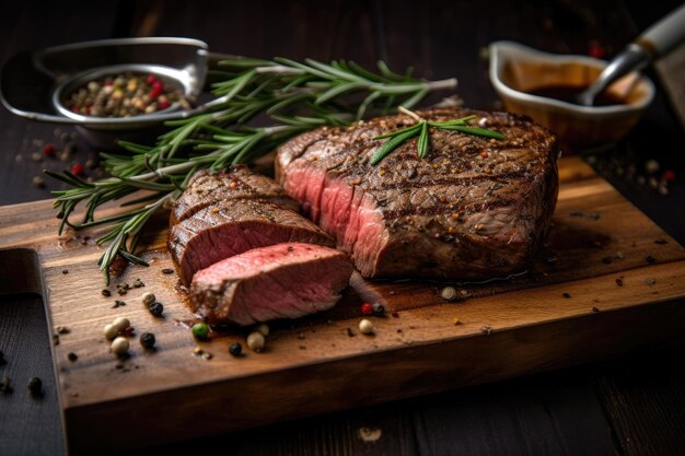 Bistec grueso y jugoso sazonado con tomillo de romero y pimienta negra en una rebanada rústica de madera