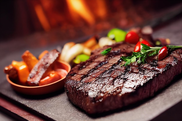 Un bistec con una guarnición de papas fritas y un tazón de vegetales AI generativa