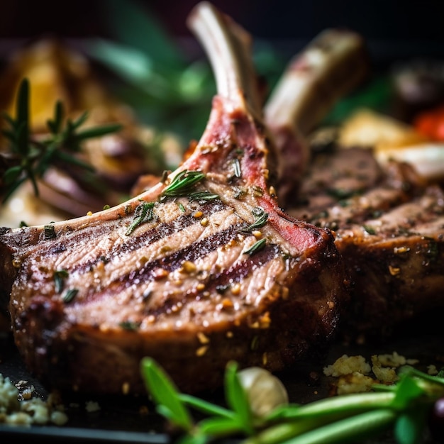 Un bistec con una hoja verde está sobre una mesa con otra comida.