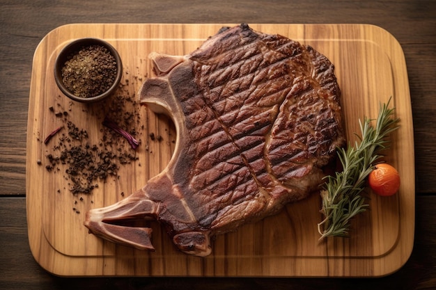 bistec de huesos con marcas de parrilla en tabla de madera creada con ai generativo