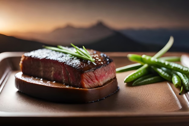 Un bistec con judías verdes en un plato