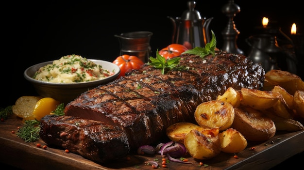 Un bistec jugoso y asado con guarniciones generado por IA