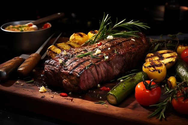 bistec jugoso de carne de res medio raro con especias y verduras a la parrilla