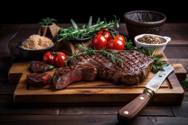 Bistec jugoso y chisporroteante con marcas de parrilla en una tabla rústica de madera y una guarnición de verduras asadas