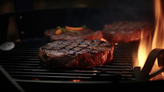 Un bistec jugoso cocinado en una parrilla con llamas en el fondo