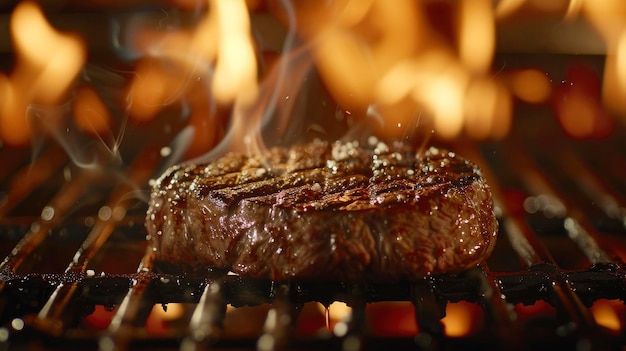 bistec en las llamas de la parrilla en el fondo