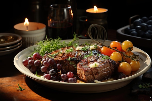 bistec de lomo a la parrilla con salsa de vino tinto en un plato rústico generado por IA generativa