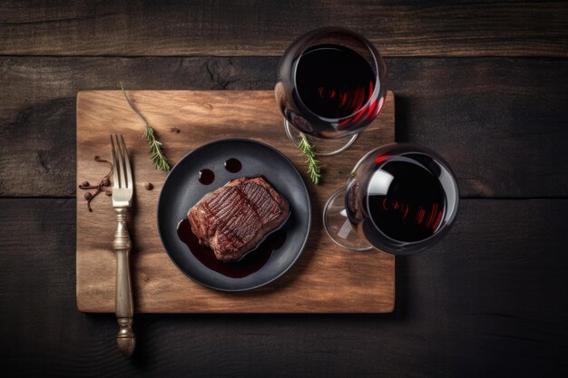 Bistec en la mesa con copa de vino tinto