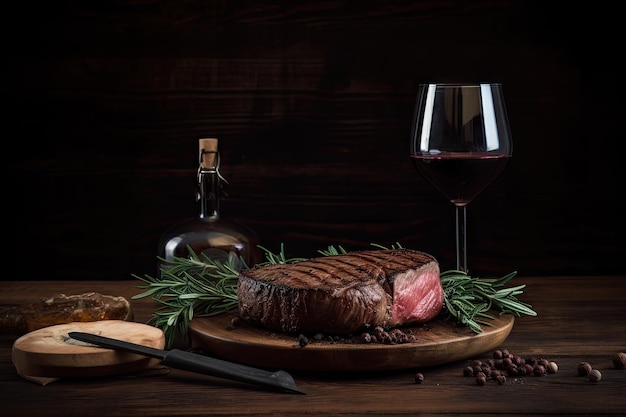 Bistec en la mesa con copa de vino tinto