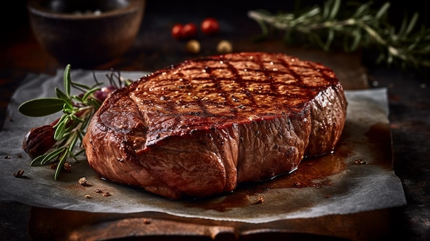 Un bistec en una mesa con un plato de verduras y un tomate rojo encima