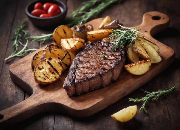 bistec de Nueva York frito con patatas y verduras a la parrilla