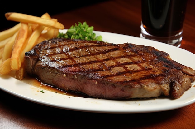 Un bistec y papas fritas en un plato blanco IA generativa