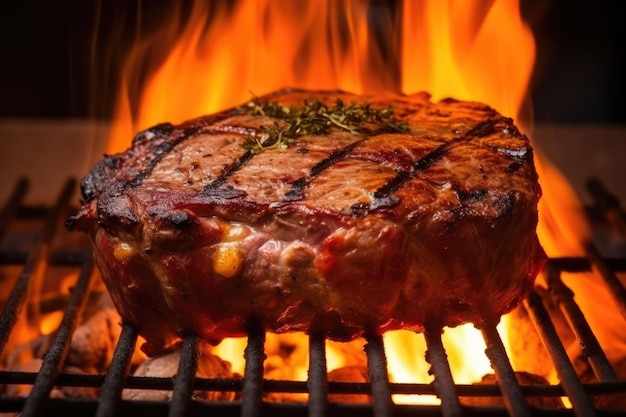 Foto bistec a la parrilla y barbacoa en el fuego