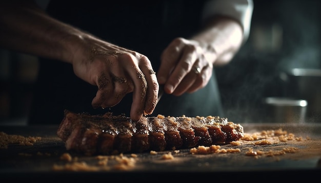 Bistec a la parrilla cocinado a la perfección en el fuego generado por IA