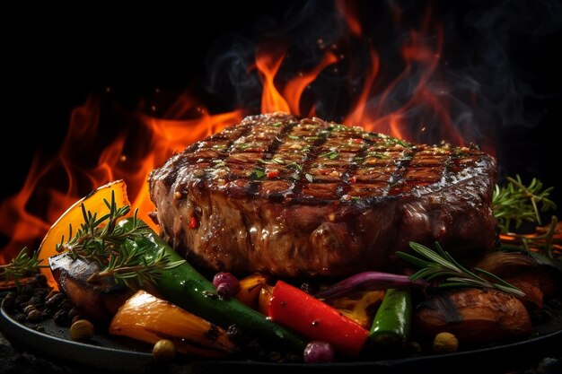 bistec a la parrilla con fuego verduras cocidas IA generativa