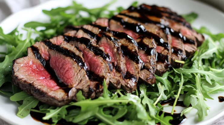bistec a la parrilla con glaseado balsámico y rúcula