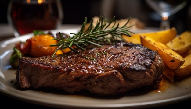 Foto bistec a la parrilla jugoso y tierno listo para comer en un plato de madera generado por inteligencia artificial