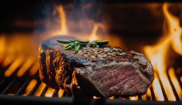 Un bistec a la parrilla con una llama al fondo