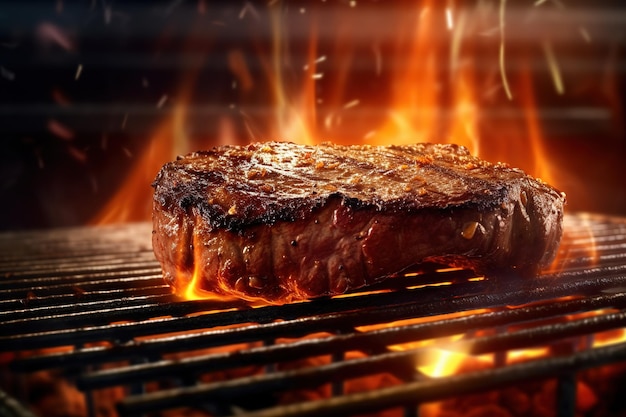 Un bistec a la parrilla con llamas al fondo