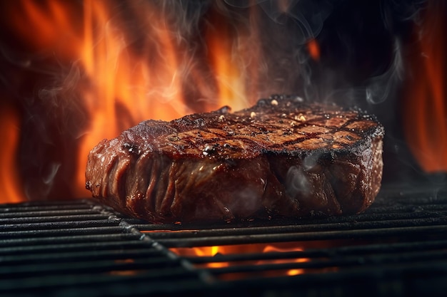 Un bistec a la parrilla con llamas al fondo.