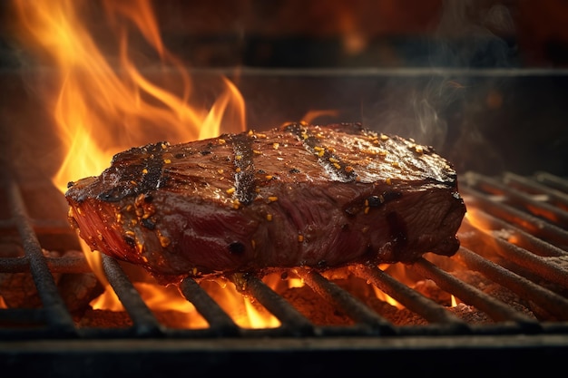 Un bistec a la parrilla con llamas al fondo