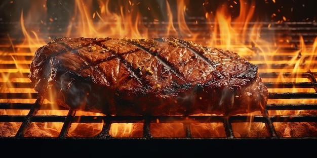 Un bistec a la parrilla con llamas al fondo