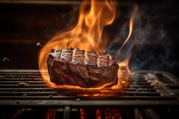 Un bistec a la parrilla con llamas y humo.