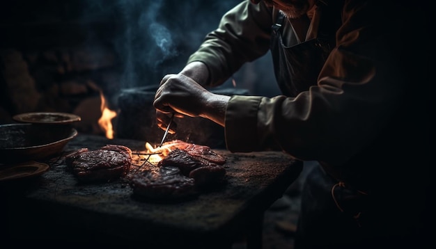 Bistec a la parrilla en la mano del plato del almuerzo del taller brillante del chef generado por AI