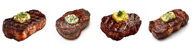 bistec a la parrilla con mantequilla de hierbas que muestra texturas y sabores ricos