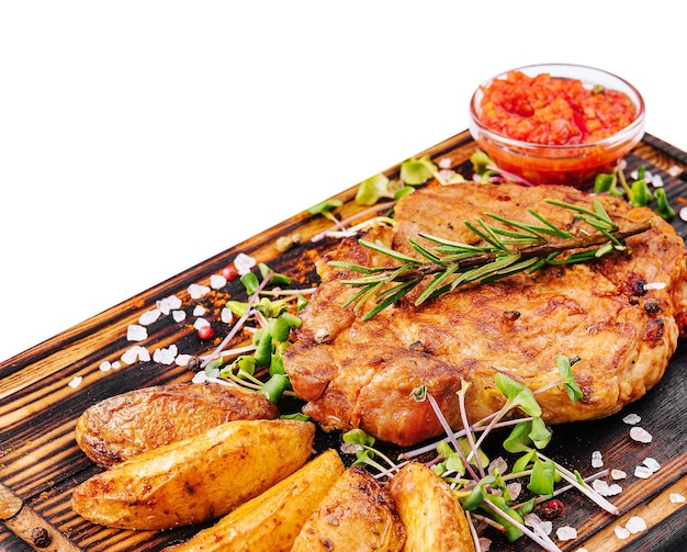 Bistec a la parrilla con papas al horno en madera