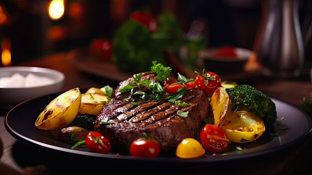 bistec a la parrilla con papas fritas y verduras en una mesa de madera