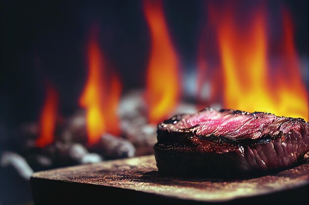 Un bistec en una parrilla de piedra con un fuego de fondo