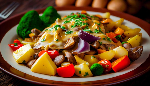 Bistec a la parrilla y plato de verduras con frescura generada por IA